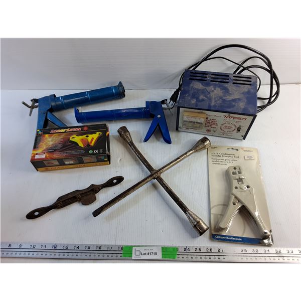 Torcan 6 AMP Battery Charger, Caulking Guns, Tire Wrench Crimping Tool and Laser Level - As Is