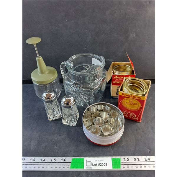 Vintage Cookie Cutters, Anchor Hocking Depression Glass Pitcher, Salt & Pepper Shakers and Misc