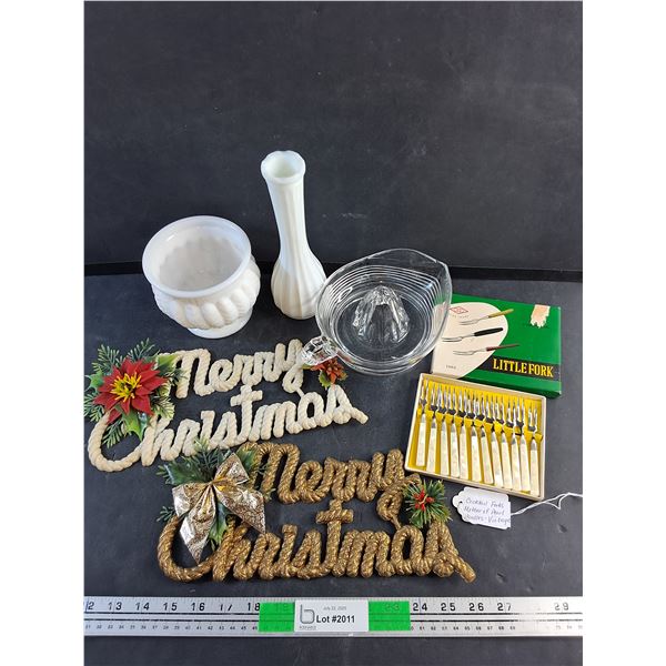 Milk Glass Planter and Vase, Glass Juicer, Vintage Pearl Handle Cocktail Forks and Christmas Decor