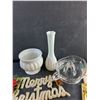 Image 2 : Milk Glass Planter and Vase, Glass Juicer, Vintage Pearl Handle Cocktail Forks and Christmas Decor