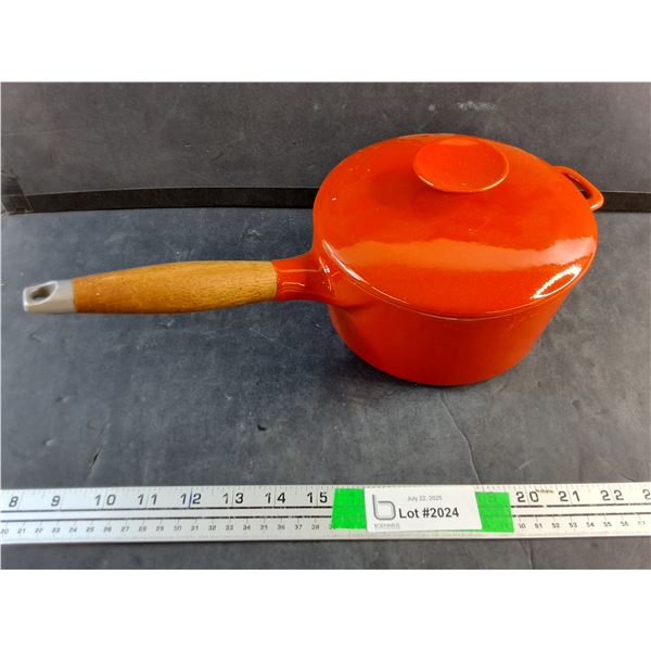 Vintage 8" Copco Enamel Cast Iron Sauce Pot with Lid - Teak Handle