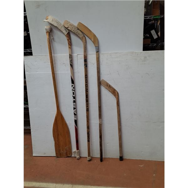 ** (1) Paddle, Some Wear (4) Hockey Sticks - Various Sizes - CANNOT SHIP