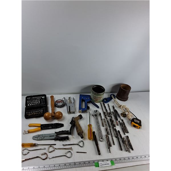 Assorted - (2) Wire Strippers, Drill Bits, (2) Staplers, Misc - As Is