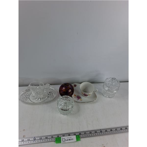 (2) Saucers And Cups, (2) Glass Dishes, Glass Ball