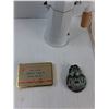 Image 3 : Coffee Maker, Junior Legion First aid Book, Vintage Paper Clip, Flour Sack - As Is