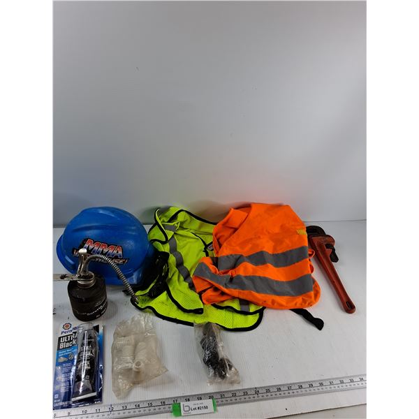 (2) Hi-Vis Vests, Protective Hat, Oil Can, Misc