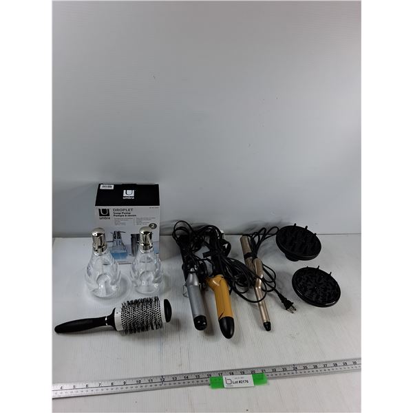 (2) Soap Pumps, (3) Curling Irons, (2) Hairdryer Attachments, Hairbrush - As Is