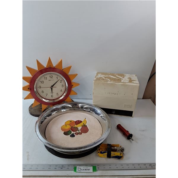 Various Items- Paper Towel Dispenser, Fruit Painted Decor, Sun Shaped Clock, Faucet Fitting