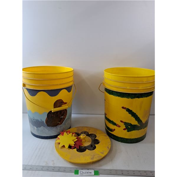 (2)Yellow 20 Litre Bucket- One Filled w/ Plastic Flower Cut Outs  -  PICK UP