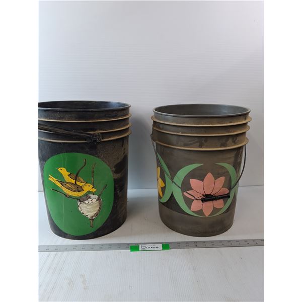 (2) Black 20 Litre Bucket- 15" x 12"- Has Painted Designs On Them  -  PICK UP