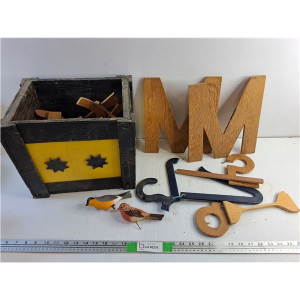 Wooden Crate, Bird Ornaments and Wooden Alphabet with Digits