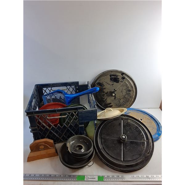 Various Enamel and Plastic Lids, Timex Desk Clock, Litter Scoop and Plastic Crate -  PICK UP