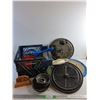 Image 1 : Various Enamel and Plastic Lids, Timex Desk Clock, Litter Scoop and Plastic Crate -  PICK UP