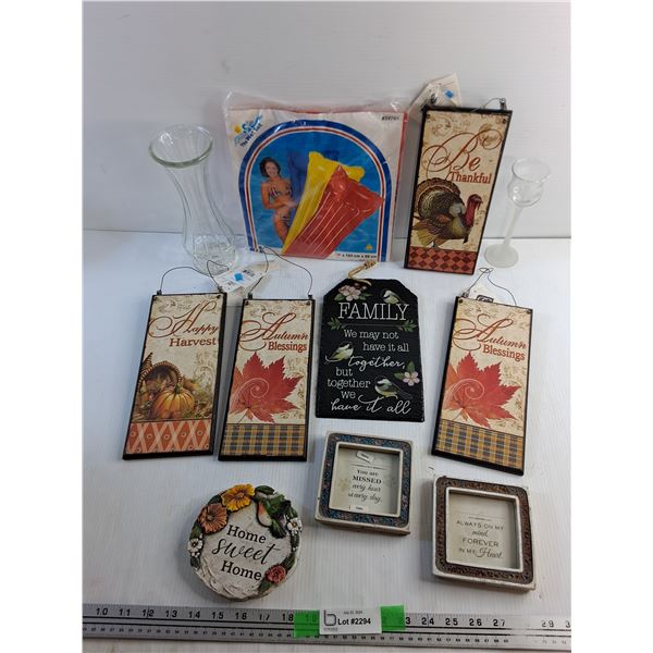 Various Wall Decor, Photo Frames 3" x 3", Glass Vase and Inflatable Mat