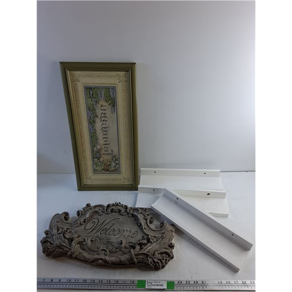 Framed Wall Decor 22" x 11", Welcome Decor and (3) Wall Shelves 15" x 4"