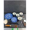 Image 1 : Decorative Plates, Tea Cups & Saucers, Enamel Ladle, Whisk, Tongs and Misc