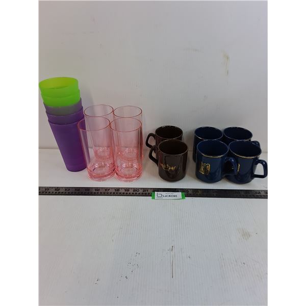 (6) Coffee Mugs, (9) Plastic Drinking Glasses