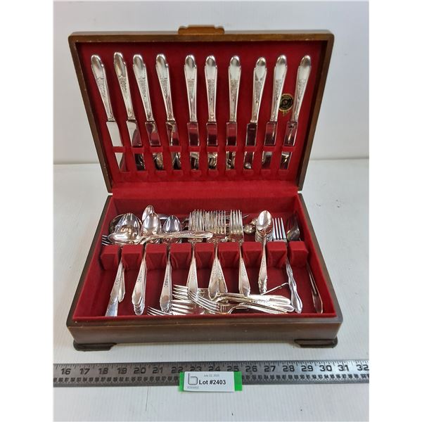 Vintage Set of Silver-Plated Cutlery with Wooden Storage Chest - 15x11x4"