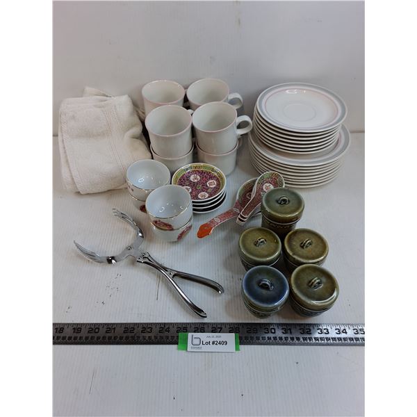 Set of Stoneware Dishes, "Asian" Dishes/Utensils, Ceramic Storage Set, Tongs, Towels  -  AS IS