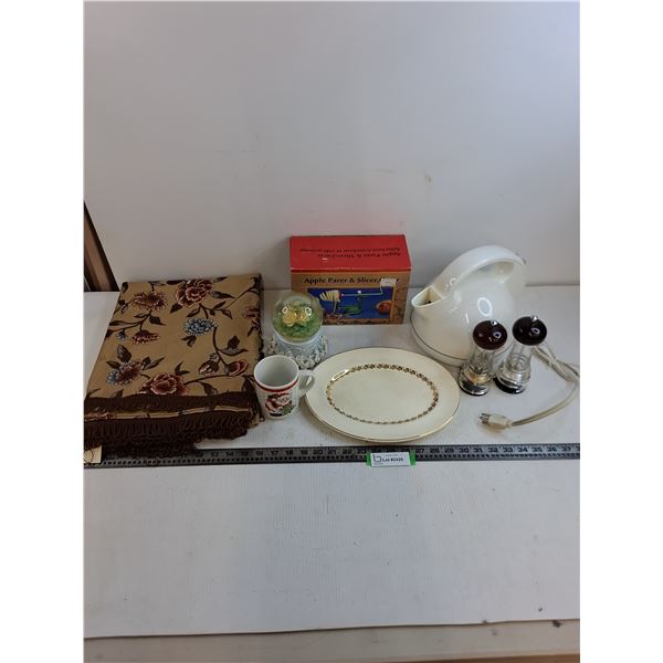 Sunbeam Kettle - Tested, Apple Parer/Slicer - Appears Unused, Musical Snow Globe, Table Cloth