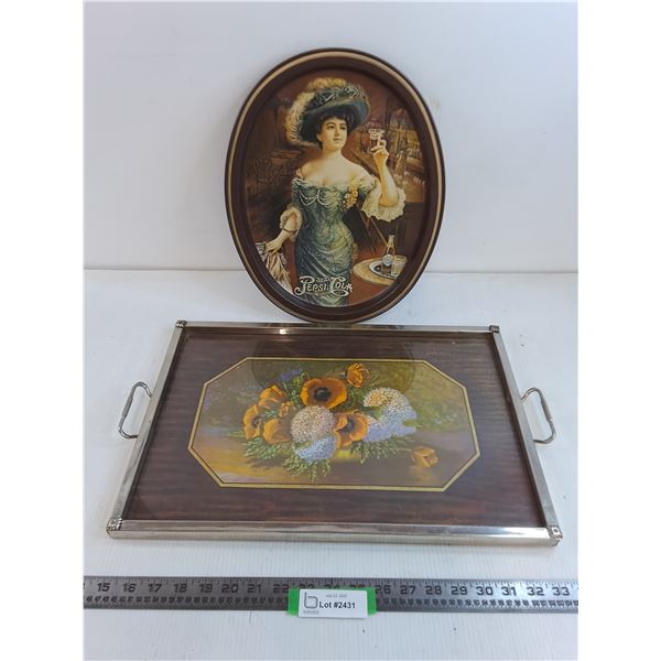 (2) Vintage Metal Trays (Flowers 19x13", Pepsi 14.5x12")