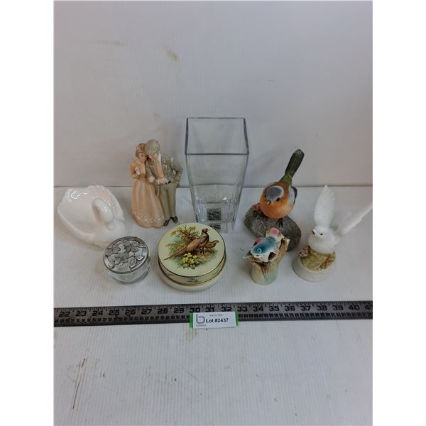 Assorted Ornamental Table Decor, Glass Vase, Tin