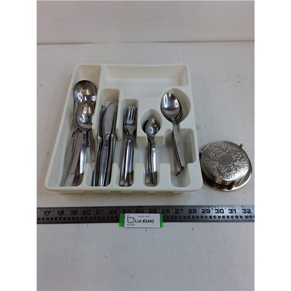 Set of Cutlery with Placement Tray, Metal Coaster Set