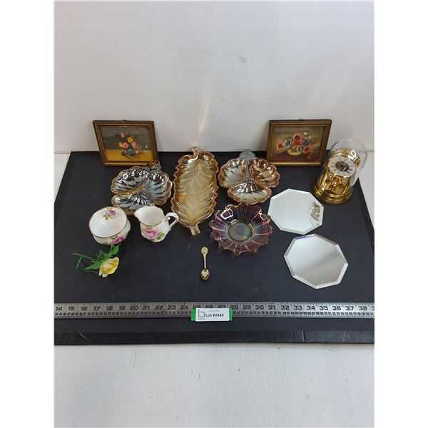 Vintage Lot (Iridescent Dishes, Pictures, Table Clock, Misc.) Pick Up Preferred