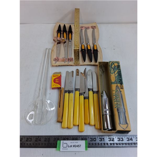 Vintage Lot - Steak Knife Set, Butter Knives, Power Mixer, Tongs, Hairpins, Misc.