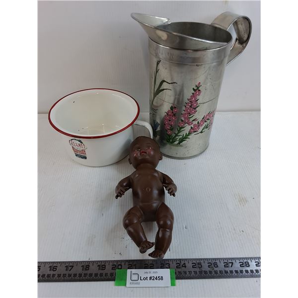 Vintage Metal Pitcher, Enamel Pot, African Baby Doll