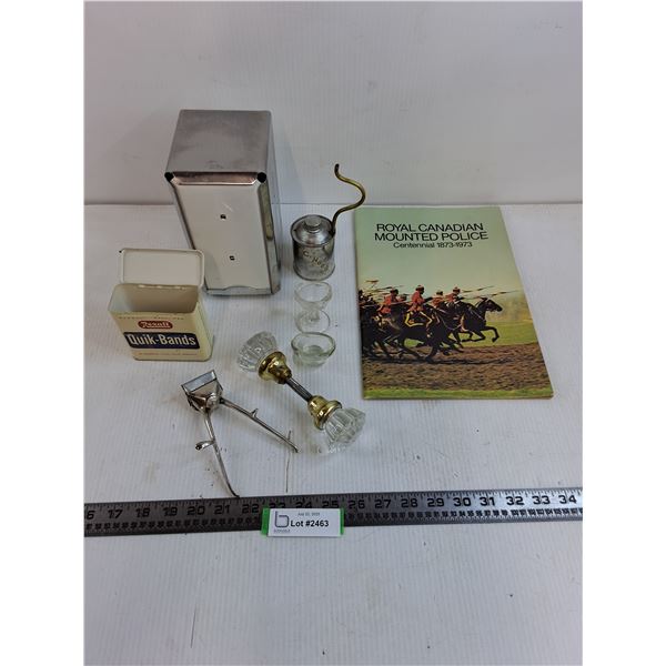 Vintage Lot - RCMP Centennial Booklet, Door Knob Set, Trimmer, Tins, Serviette Dispenser, Misc.