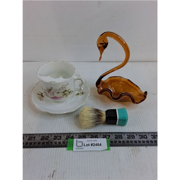 Ceramic Tea Cup & Saucer, Orange Glass Swan Trinket Dish, Shave Brush -  Pick Up Preferred