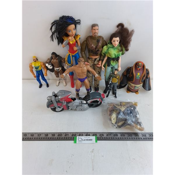 (8) Assorted Action Figures, Motorbike, Bag of Figurine Shoes