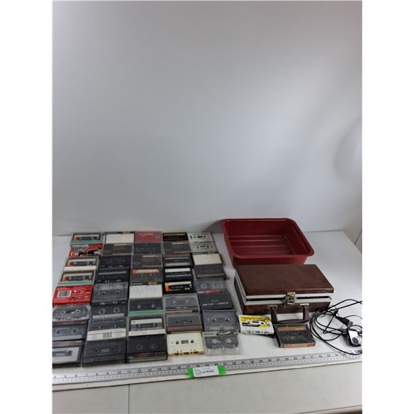 (52) Cassette Tapes, Plastic Bucket, Cassette Cases, Misc