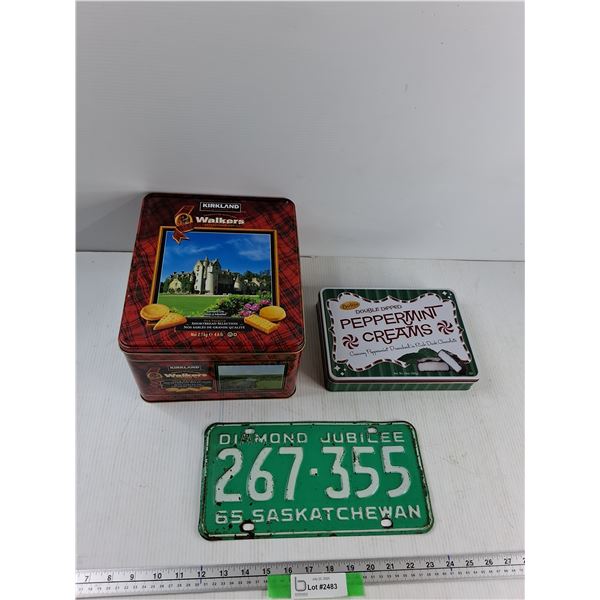(2) Tins - Walkers Tin, Peppermint Creams Tin, Diamond Jubilee 1965 Saskatchewan License Plate