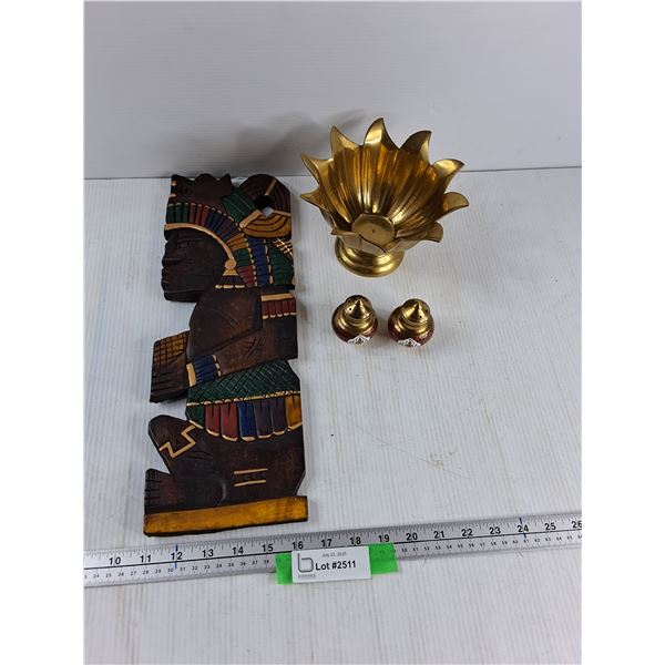 Salt & Pepper Shaker, Brass Pedestal Bowl, Wood Hanging Decoration