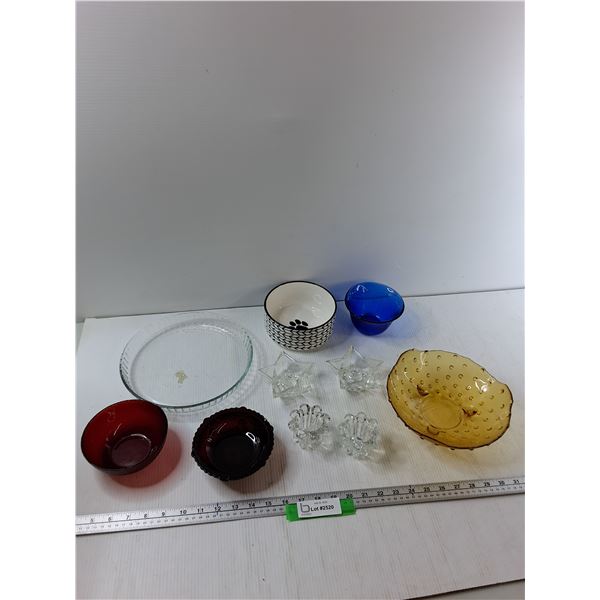 (4) Candle Holders, Pyrex Dish, Ceramic Bowl, Misc