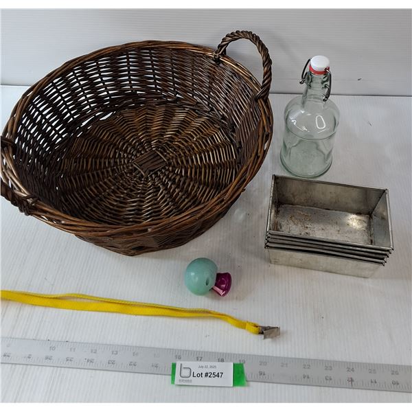 Various Items- Basket, Glass Bottle, (5) Tin Rectrangles, Toys