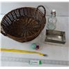 Image 1 : Various Items- Basket, Glass Bottle, (5) Tin Rectrangles, Toys