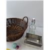 Image 2 : Various Items- Basket, Glass Bottle, (5) Tin Rectrangles, Toys