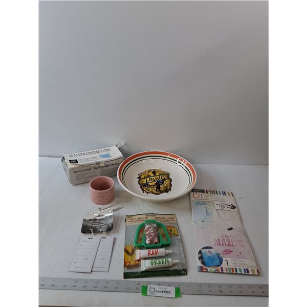 Various Items- Bowls, Cookie Decorations, Stencil, Masks, Id Tags