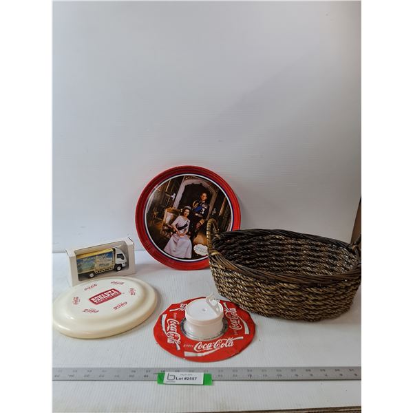 Various Items- Basket, (2) Coca-Cola Items Western Producer Truck & Queen Silvers Jubilee Tray