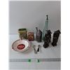 Various Items- Coca-Cola Bowl& Tin Box, (2) Statues, Eatons Tin, Glass Bottle, Butter Knife And Cani