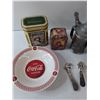 Image 2 : Various Items- Coca-Cola Bowl& Tin Box, (2) Statues, Eatons Tin, Glass Bottle, Butter Knife And Cani