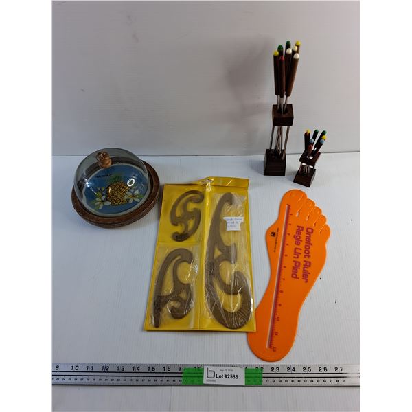 Hawaii Lidded Dish, Onefoot & (3) French Curve Rulers and Fondue Sticks