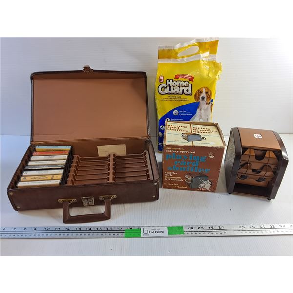 Cassette Case with Various Audio Cassettes, Playing Card Shuffler and Pet Training Pads