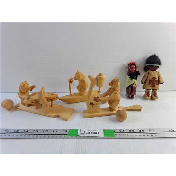 Carved Wood Pull String Toys and Indigenous Figures