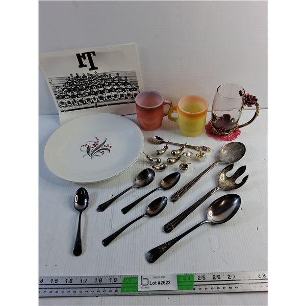 10" Dining Plate, Silver Spoons, Mugs, Metal Ornaments and Vintage Hockey Team Picture