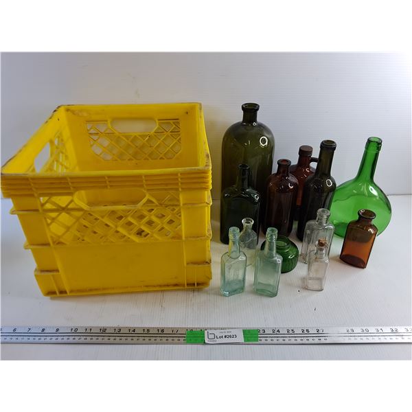 Various Glass Bottles and Milk Crate - PICK UP ONLY