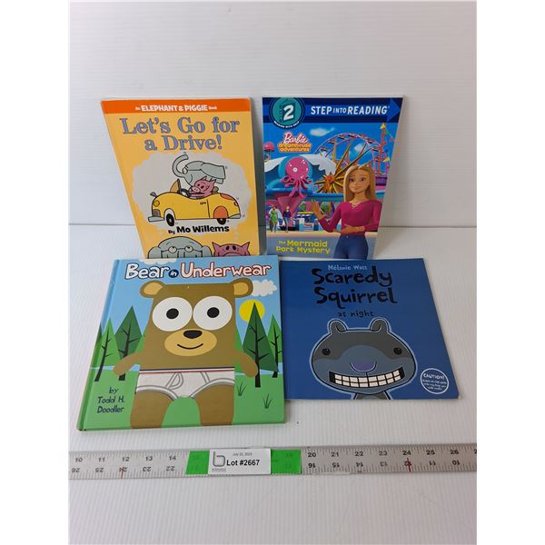 (4) Kids' Books- Barbie, Scaredy Squirrel, Misc.